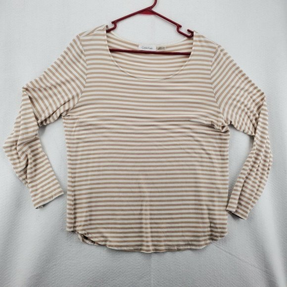 Calvin Klein Top Women's Long Sleeve Scoop Neck Striped T-Shirt Tan White Large - Picture 2 of 12